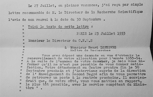 courrier du CNRS à Henri Lefebvre