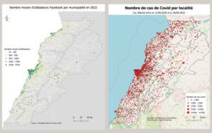 Populations et mobilités (source : META Facebook Data for Good) et taux de Covid entre 2020 et 2022 (source : Ministère de la Santé au Liban). 