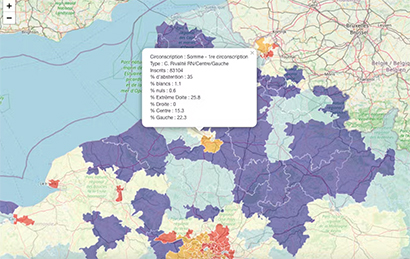 Exemple d’affichage interactif des résultats dans la 1ere circonscription de la Somme.